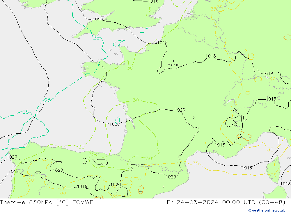 Theta-e 850hPa ECMWF Fr 24.05.2024 00 UTC