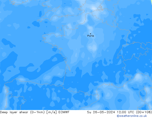 Deep layer shear (0-1km) ECMWF Su 26.05.2024 12 UTC
