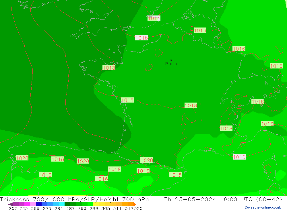 700-1000 hPa Kalınlığı ECMWF Per 23.05.2024 18 UTC