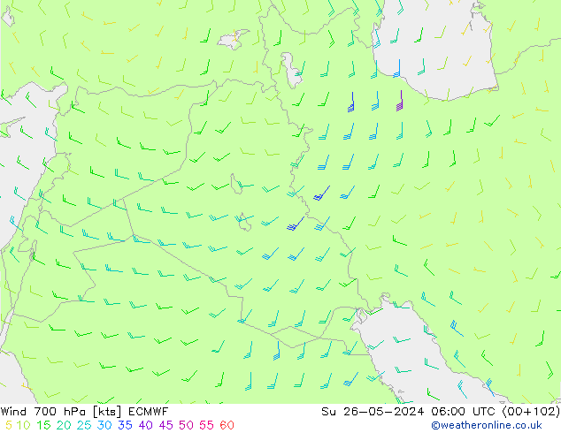 Wind 700 hPa ECMWF Su 26.05.2024 06 UTC