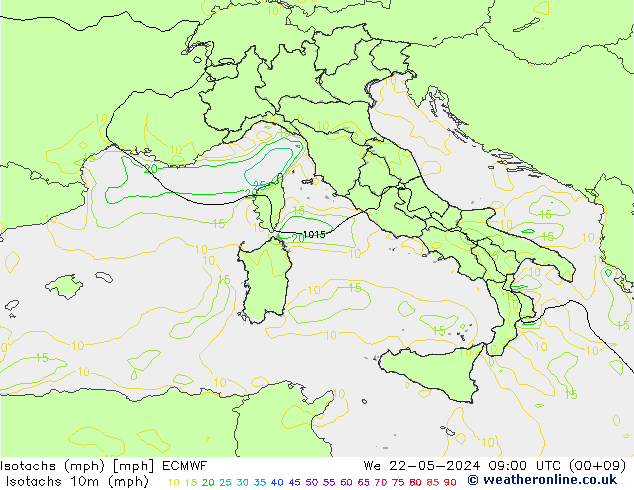 Isotachs (mph) ECMWF mer 22.05.2024 09 UTC