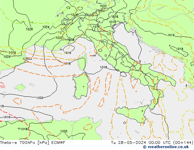 Theta-e 700hPa ECMWF mar 28.05.2024 00 UTC