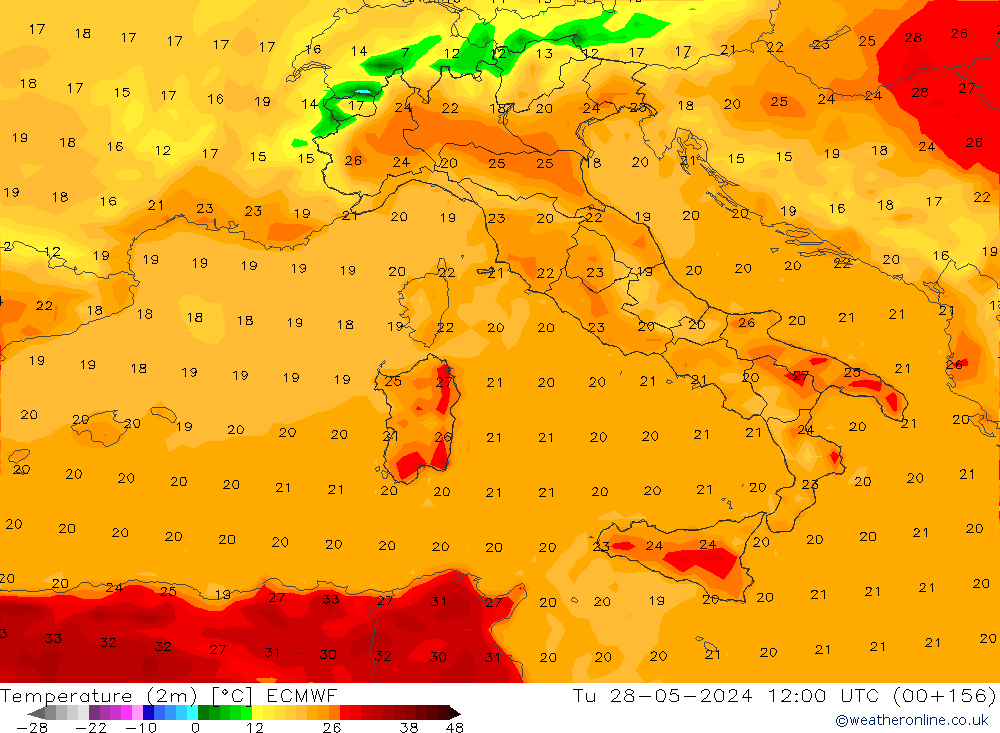 Temperaturkarte (2m) ECMWF Di 28.05.2024 12 UTC