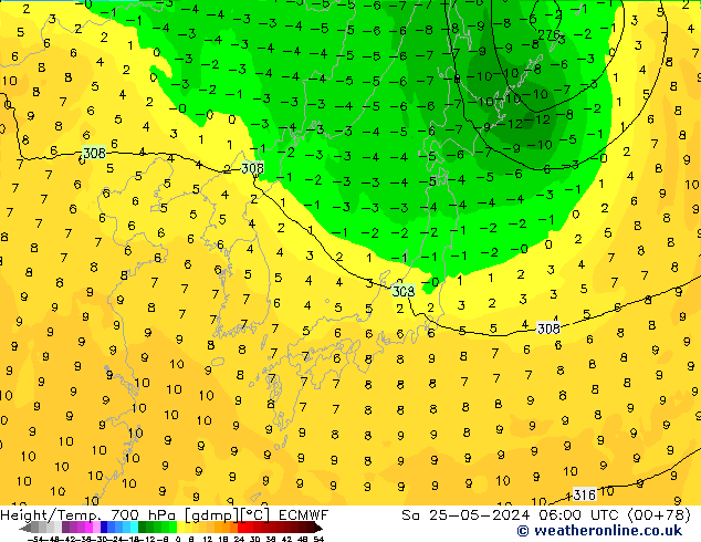 Height/Temp. 700 гПа ECMWF сб 25.05.2024 06 UTC