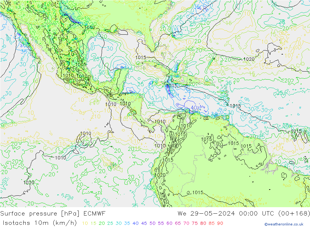 Isotachs (kph) ECMWF mer 29.05.2024 00 UTC