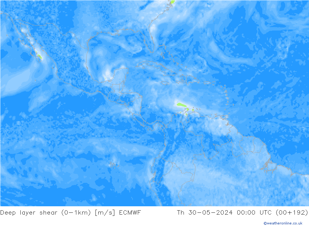 Deep layer shear (0-1km) ECMWF Th 30.05.2024 00 UTC