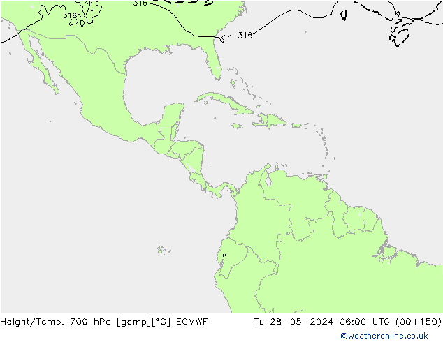 Height/Temp. 700 hPa ECMWF Út 28.05.2024 06 UTC