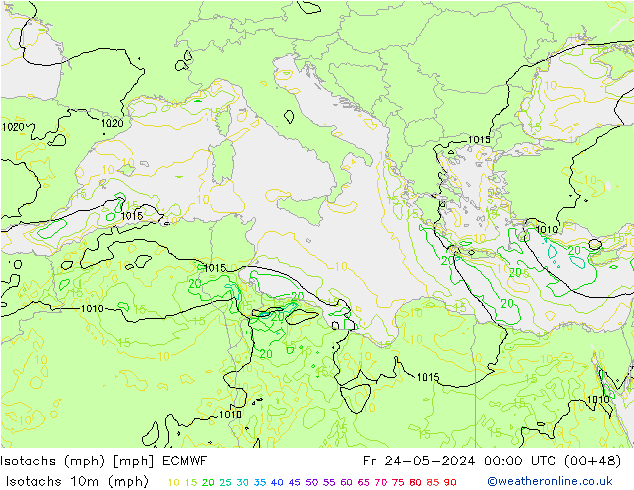 Isotachs (mph) ECMWF  24.05.2024 00 UTC