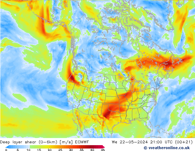 Deep layer shear (0-6km) ECMWF mer 22.05.2024 21 UTC