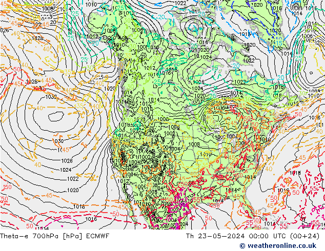 Theta-e 700hPa ECMWF jue 23.05.2024 00 UTC