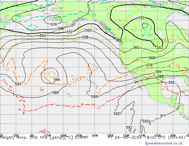 Z500/Rain (+SLP)/Z850 ECMWF Fr 24.05.2024 18 UTC