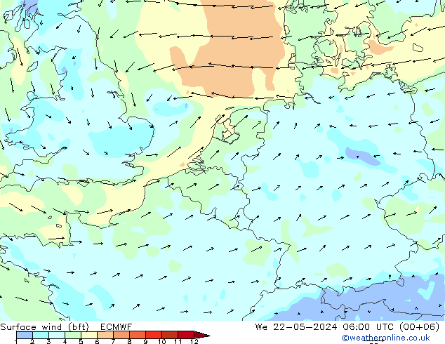 Vento 10 m (bft) ECMWF mer 22.05.2024 06 UTC