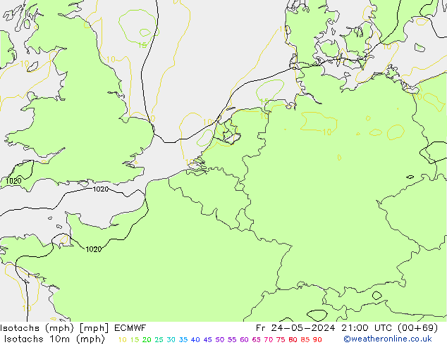 Isotachen (mph) ECMWF vr 24.05.2024 21 UTC
