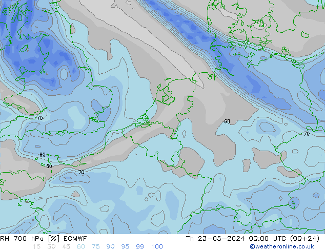 RH 700 hPa ECMWF 星期四 23.05.2024 00 UTC