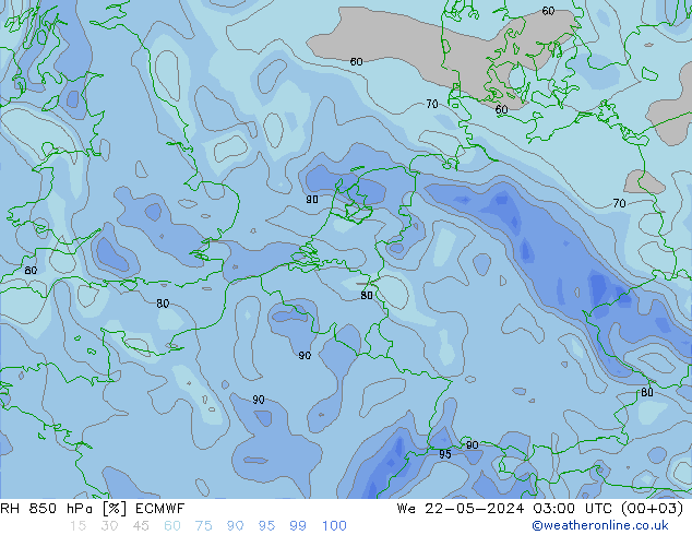 RH 850 hPa ECMWF Mi 22.05.2024 03 UTC