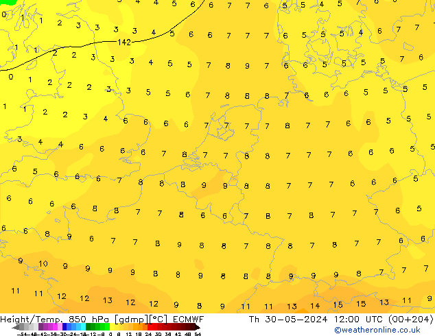 Z500/Rain (+SLP)/Z850 ECMWF Do 30.05.2024 12 UTC