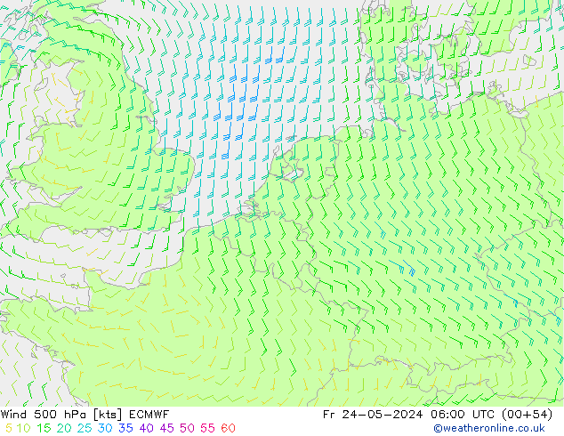 Wind 500 hPa ECMWF Fr 24.05.2024 06 UTC