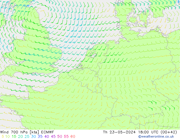 Wind 700 hPa ECMWF Th 23.05.2024 18 UTC