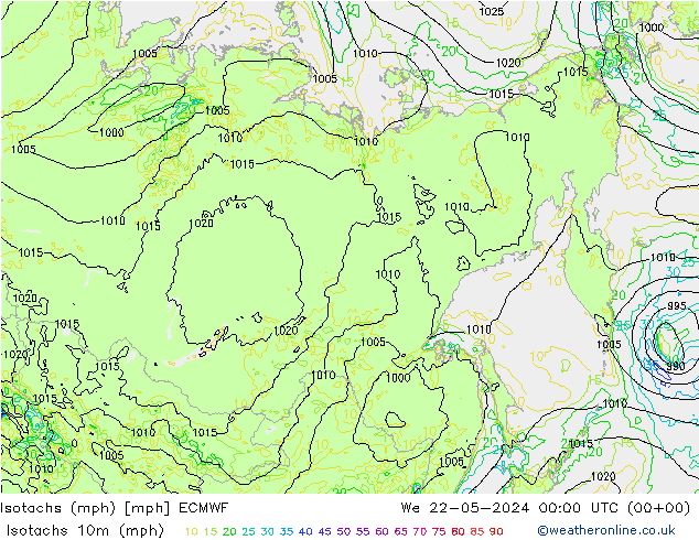 Eşrüzgar Hızları mph ECMWF Çar 22.05.2024 00 UTC
