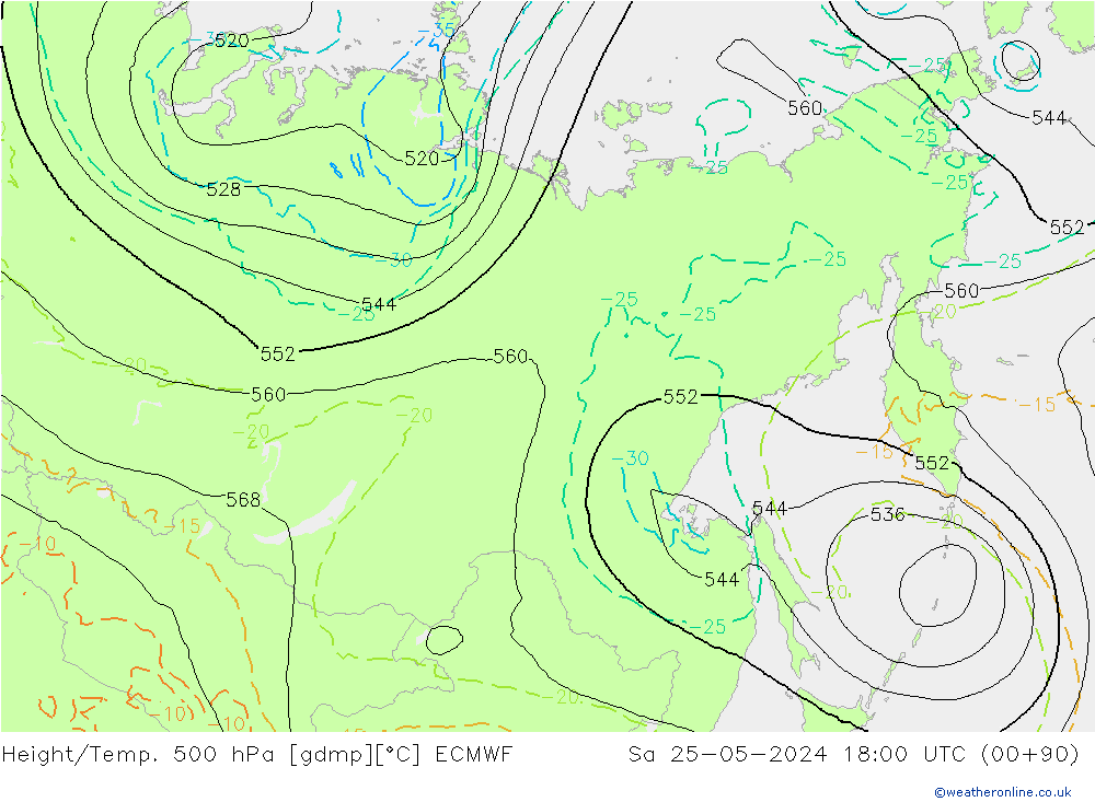 Z500/Rain (+SLP)/Z850 ECMWF сб 25.05.2024 18 UTC