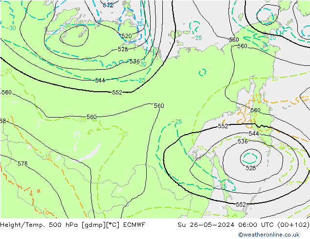 Z500/Yağmur (+YB)/Z850 ECMWF Paz 26.05.2024 06 UTC