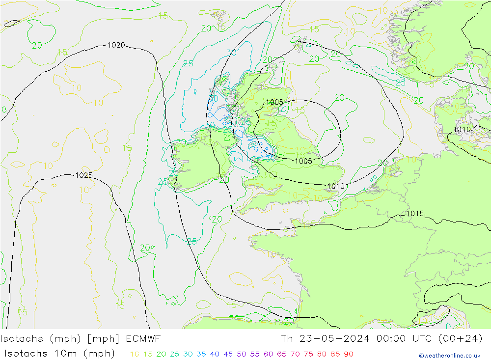 Isotachen (mph) ECMWF do 23.05.2024 00 UTC