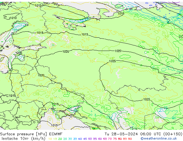 Isotaca (kph) ECMWF mar 28.05.2024 06 UTC