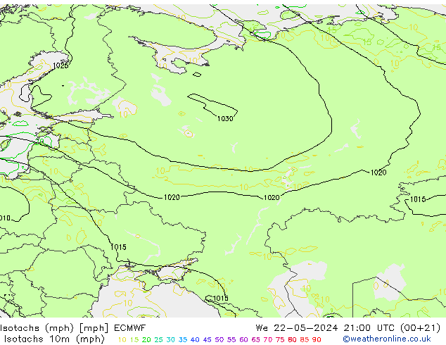 Eşrüzgar Hızları mph ECMWF Çar 22.05.2024 21 UTC