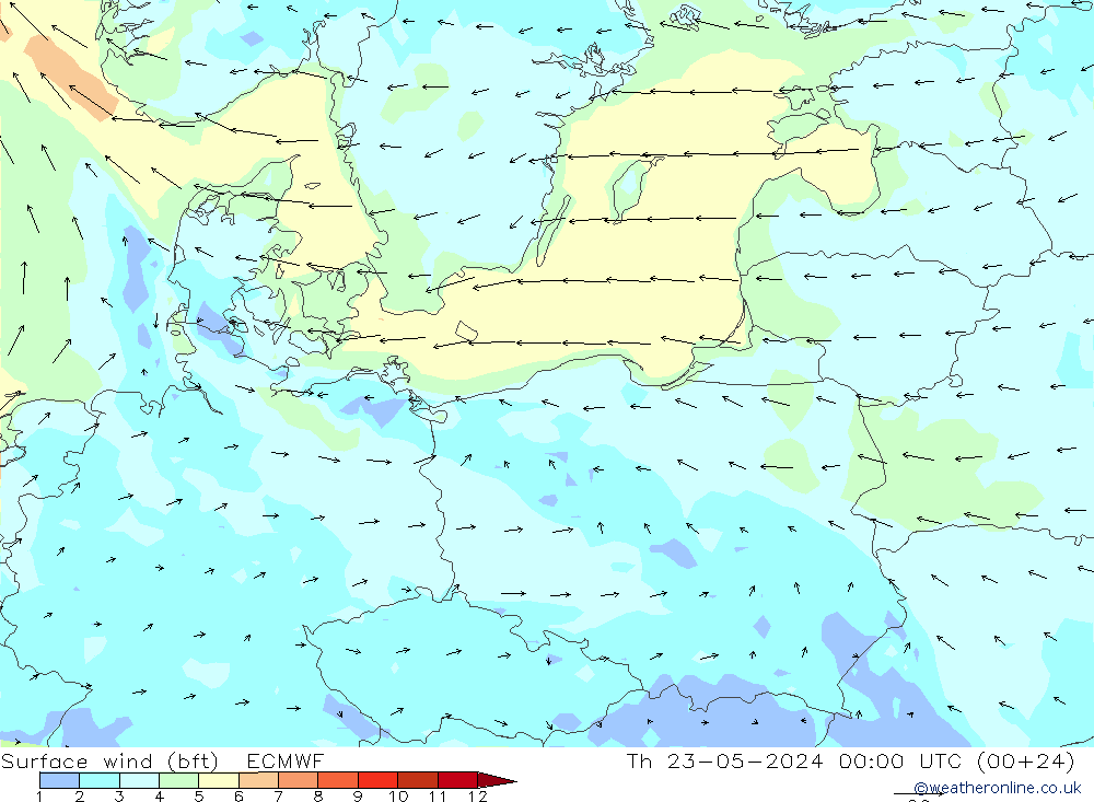 Rüzgar 10 m (bft) ECMWF Per 23.05.2024 00 UTC