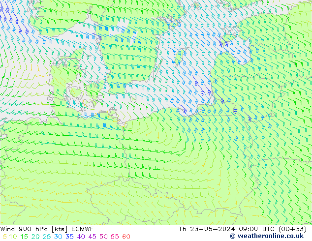 Wind 900 hPa ECMWF Do 23.05.2024 09 UTC