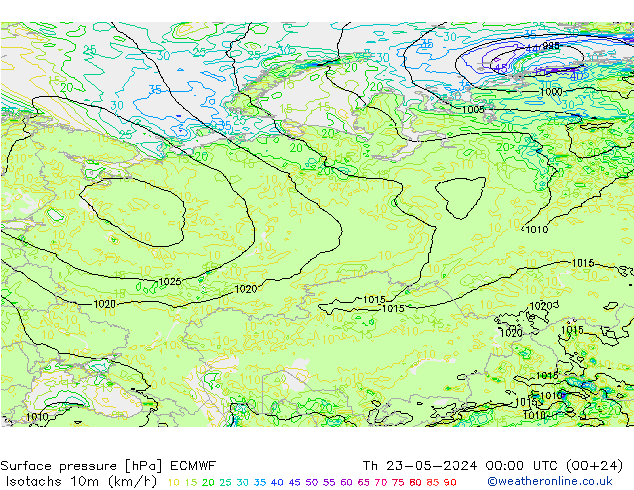 Isotachen (km/h) ECMWF Do 23.05.2024 00 UTC