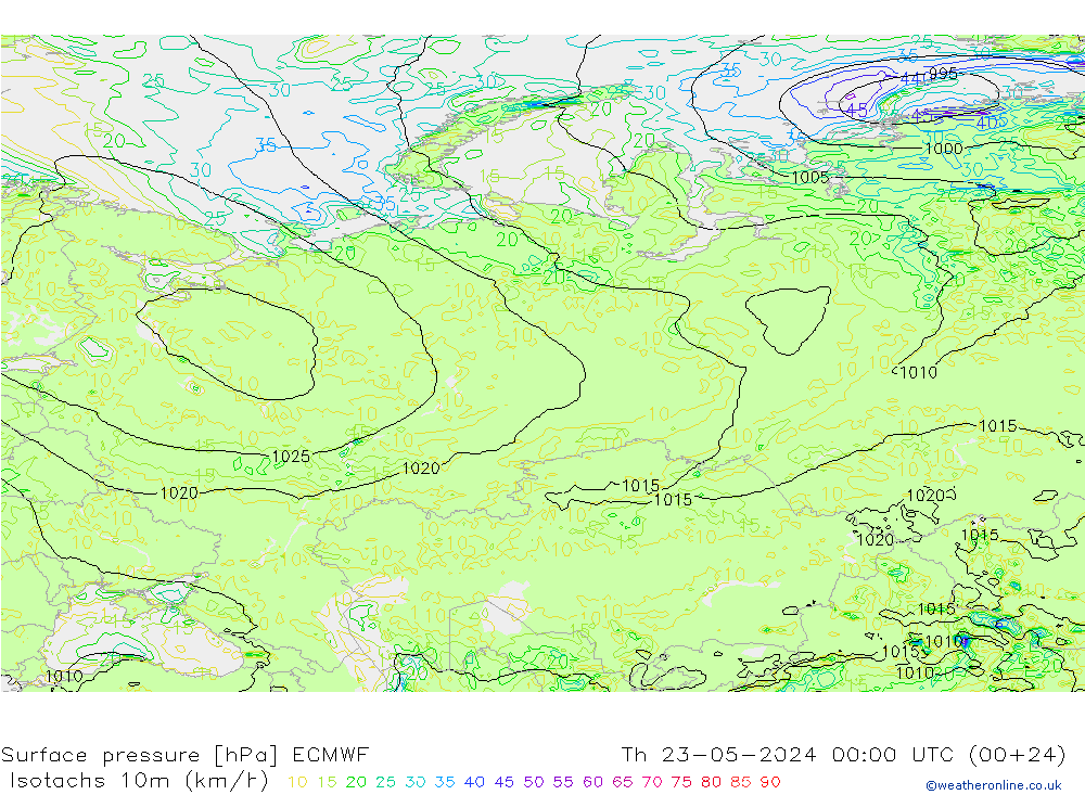 Isotachen (km/h) ECMWF Do 23.05.2024 00 UTC
