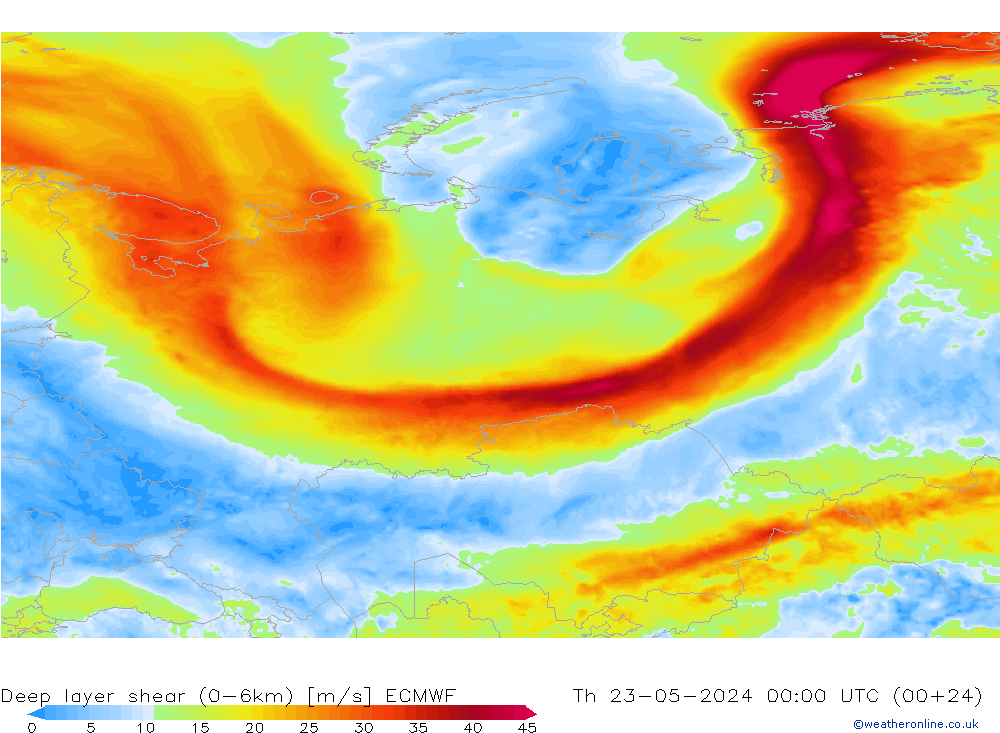 Deep layer shear (0-6km) ECMWF Th 23.05.2024 00 UTC