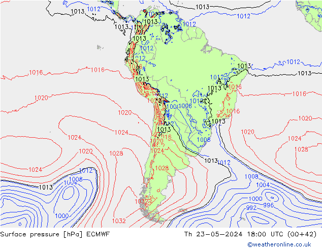 pressão do solo ECMWF Qui 23.05.2024 18 UTC