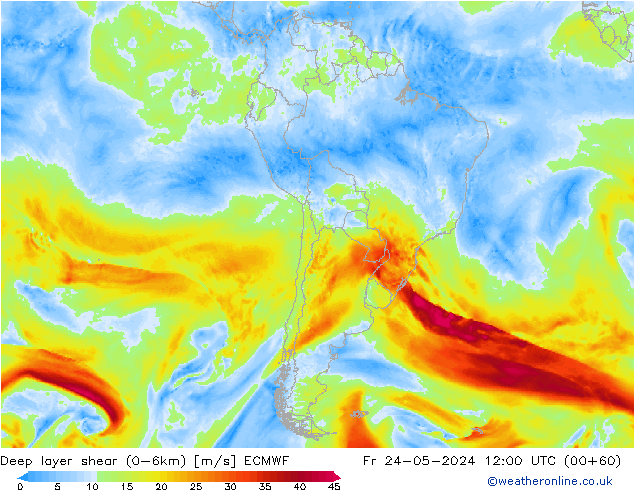 Deep layer shear (0-6km) ECMWF пт 24.05.2024 12 UTC