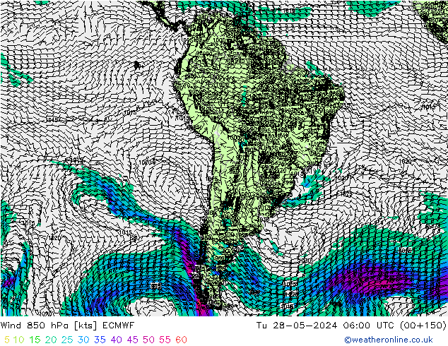 Wind 850 hPa ECMWF Út 28.05.2024 06 UTC