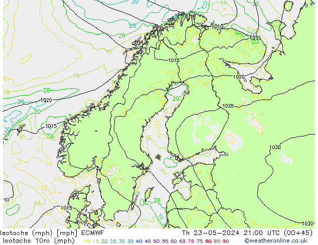 Isotachs (mph) ECMWF Th 23.05.2024 21 UTC