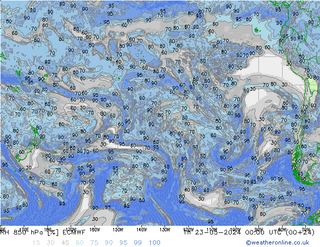 RH 850 hPa ECMWF gio 23.05.2024 00 UTC