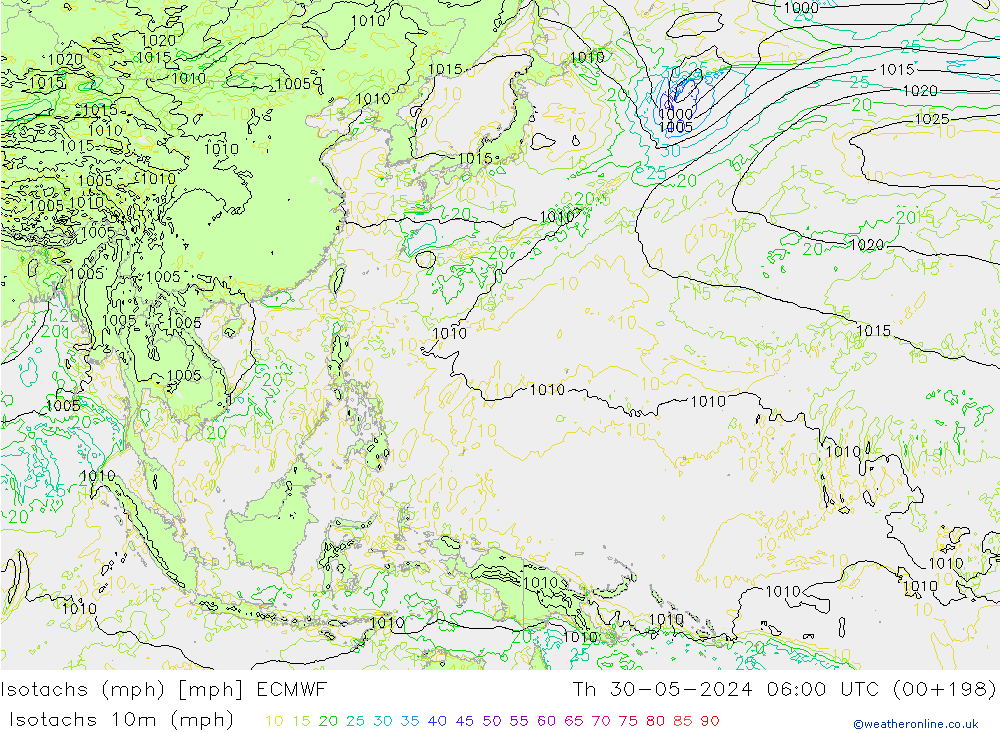 Isotachs (mph) ECMWF Th 30.05.2024 06 UTC