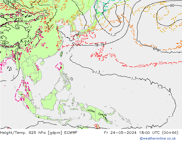 Height/Temp. 925 гПа ECMWF пт 24.05.2024 18 UTC