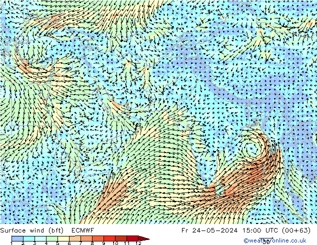 Rüzgar 10 m (bft) ECMWF Cu 24.05.2024 15 UTC