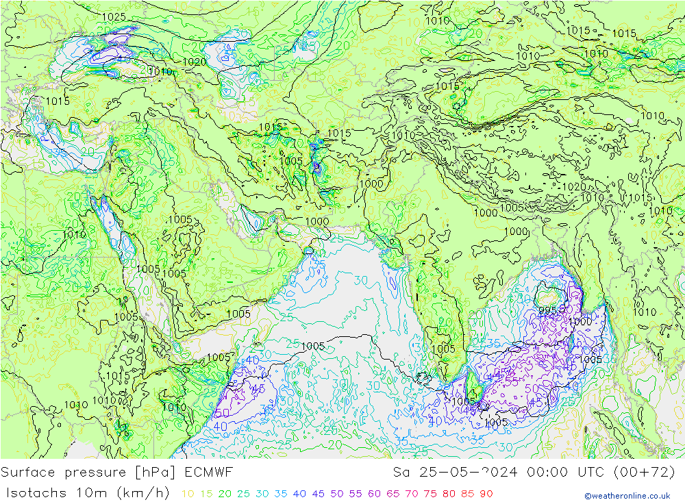 Isotachs (kph) ECMWF So 25.05.2024 00 UTC