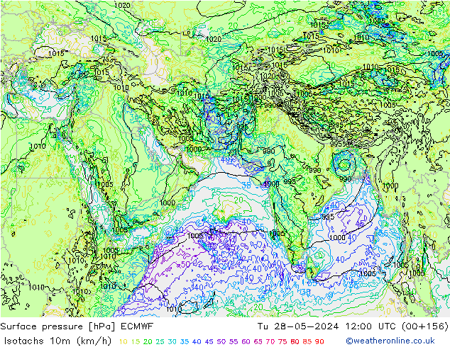 Isotachs (kph) ECMWF Út 28.05.2024 12 UTC