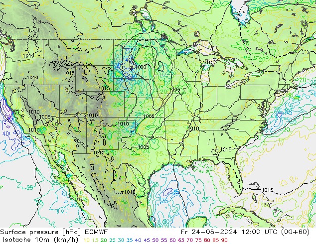 Isotachs (kph) ECMWF Fr 24.05.2024 12 UTC