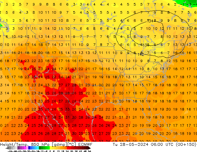 Height/Temp. 850 hPa ECMWF Út 28.05.2024 06 UTC