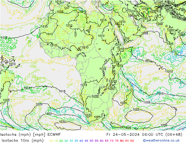 Isotachs (mph) ECMWF пт 24.05.2024 06 UTC