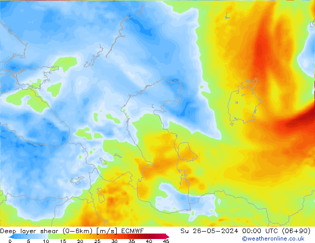 Deep layer shear (0-6km) ECMWF Su 26.05.2024 00 UTC