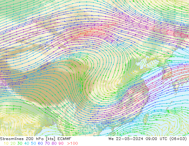 风 200 hPa ECMWF 星期三 22.05.2024 09 UTC