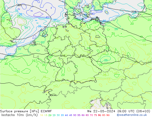 10米等风速线 (kph) ECMWF 星期三 22.05.2024 09 UTC