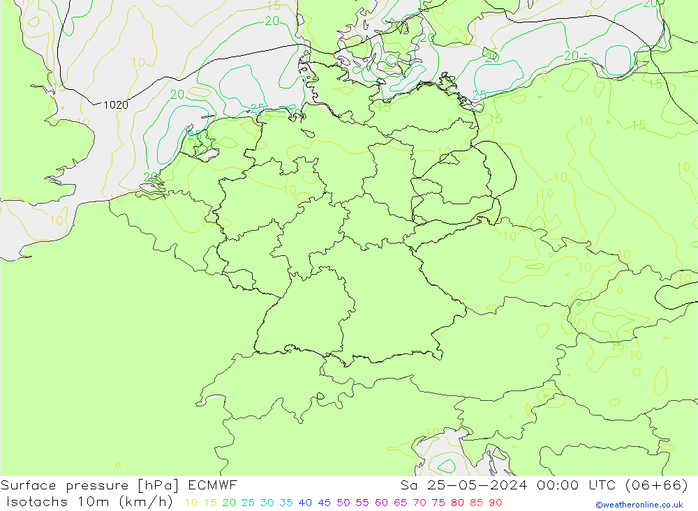 Isotachs (kph) ECMWF sab 25.05.2024 00 UTC